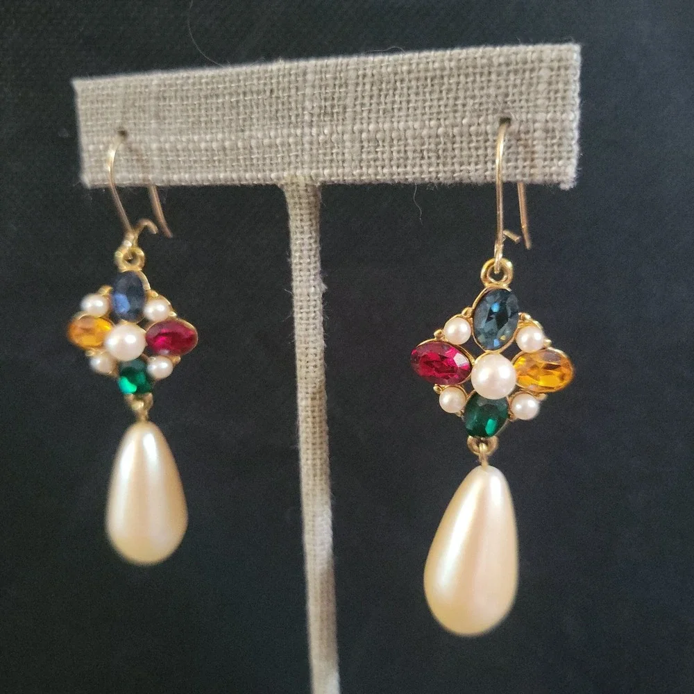 Regencycore Jewel Tone Cross Earrings Faux Pearl Teardrop Byzantine Dangle